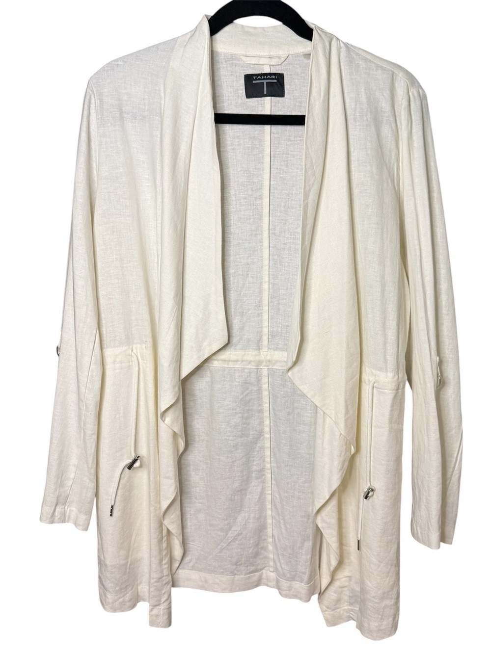 Tahari Light Ivory Draped Open Linen Cardigan Jacket